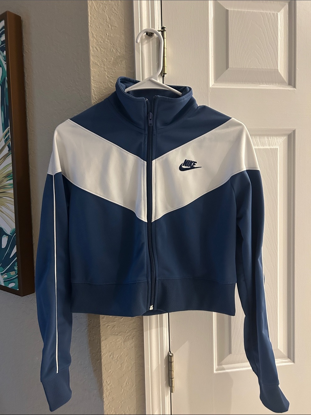 Nike Women's Navy and White Chevron Zip Varsity Jacket